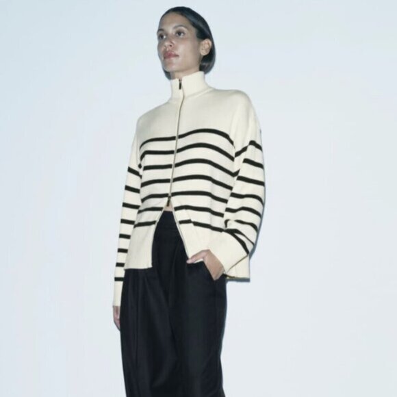 ZARA Zipped Striped Cream Cardigan Size S - Picture 2 of 9